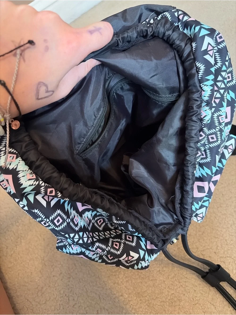 Black Aztec-Pattern Backpack with Pink & Teal Accents